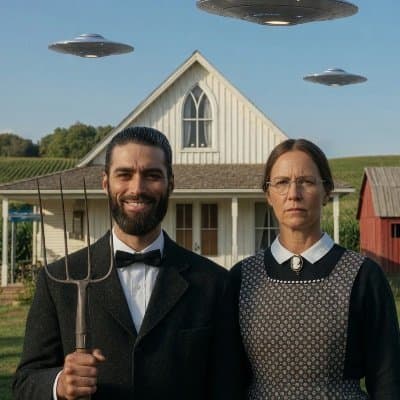Chad Goodman — American Gothic farmer energy with company overhead